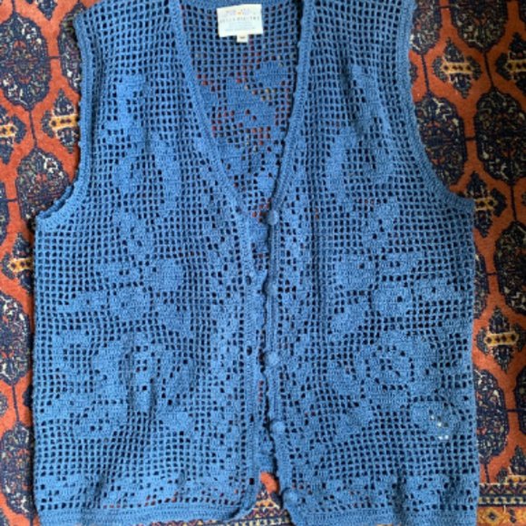 90s Susan Bristol Blue Crochet Vest - Picture 1 of 1